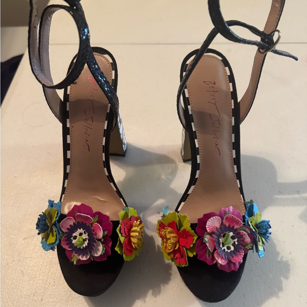 Betsey Johnson Black Floral Embellished Ankle-Strap Heels